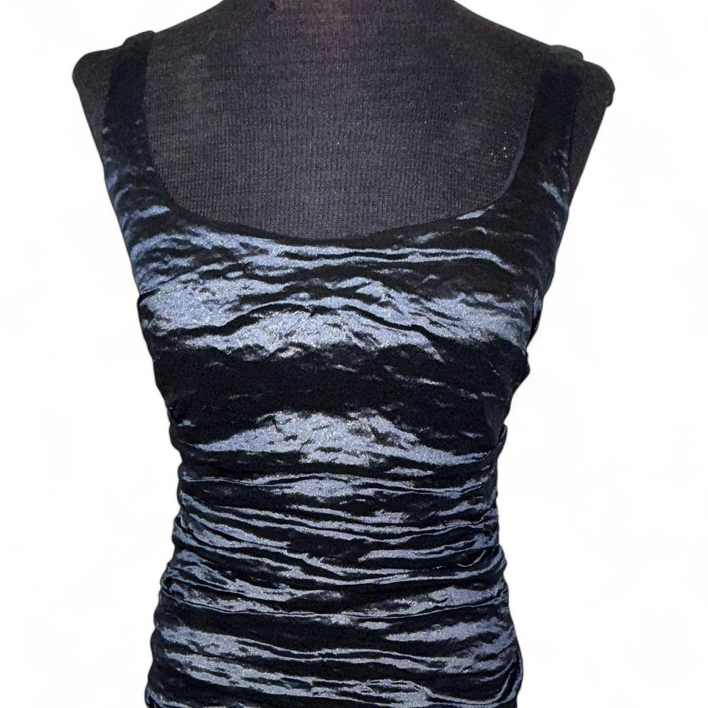 Nicole Miller Gold Label Navy Blue Ruched Crinkled Metallic Bodycon Dress Size 6